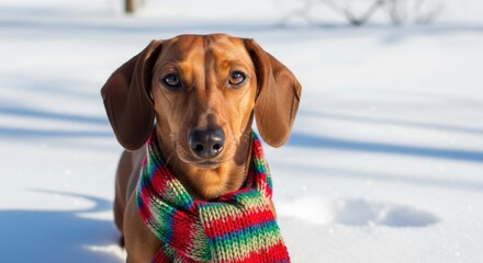 Adorable Dachshund Dog in Winter Scarf, Snowy Background, Portrait View.