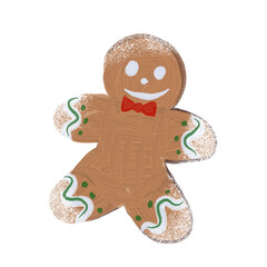 A stylized image of a gingerbread man cookie. The biscuit is brown, decorated with white and green icing and a red bow tie. The figure has sugar-like sprinkles on its hands and feet, presenting a fest
