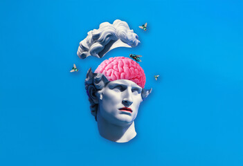 Surreal Statue with Exposed Brain and Flies: A Visual Representation of Brain Rot. Brain rot concept, brainrot, modern concept gen z