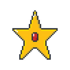 Star pixel art. Festive golden star pixel icon with red jewel. Bright holiday decoration game asset, unique design. 