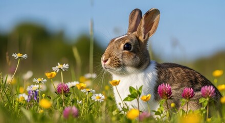 Wild Rabbit Amidst Spring Flowers, Sunlit Meadow Portrait.
