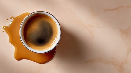 Cup of coffee with a brown liquid on the table. The coffee is almost gone and the cup is almost empty