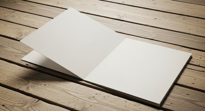 Open blank sketchbook on wooden floor with clean white pages for creative inspiration