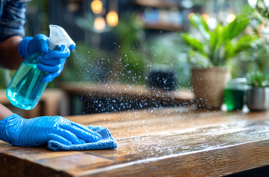Escena de limpieza profesional que transmite higiene, seguridad y cuidado en espacios compartidos de hogar u oficina.Con guantes negros limpian superficie blanca usando spray desinfectante y pa&ntilde;o azul