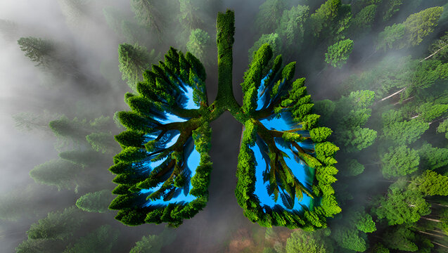 Green lungs formed by trees in misty forest blue