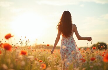 Young woman in white dress walks in meadow with red poppy flowers at sunset. Female person enjoys nature, freedom. Girl spreads arms, relaxes in blooming field. Female long hair. People in floral
