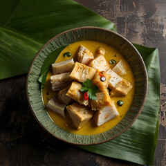 Delicate banana leaf bowl filled with savory seafood dish