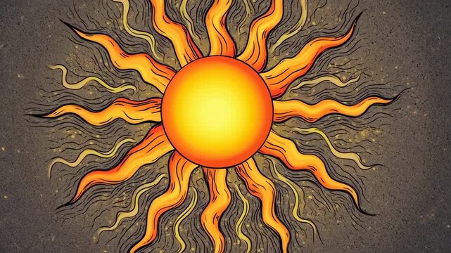 Vibrant illustration of a radiant sun with fiery orange and yellow rays, on textured background