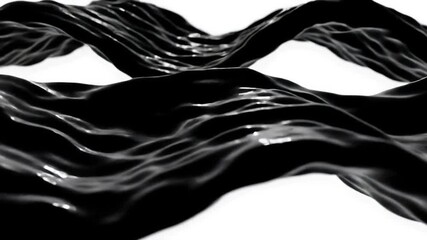 Abstract black liquid waves flowing smoothly on a white background creating a dynamic and mesmerizing visual effect with a sense of fluid motion and organic movement.