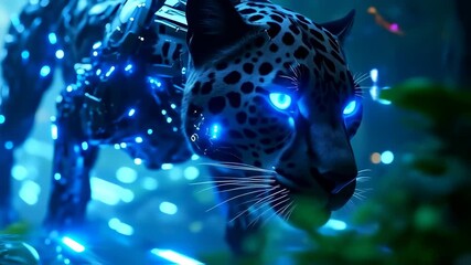 A futuristic jaguar with glowing blue eyes and cybernetic enhancements emerges from lush foliage - Powered by Adobe
