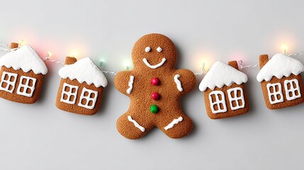 Gingerbread man is standing in front of a row of gingerbread houses. The houses are decorated with icing and candy, and the gingerbread man is smiling. Scene is festive and cheerful