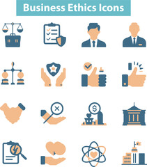 Business ethics icon set. Compliance, fairness, integrity, loyalty, trust, equality,
