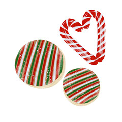 Fototapeta premium easter egg with ribbon, set of delicious Christmas sweets, two colored pastries and a candy cane, new year, merry christmas 