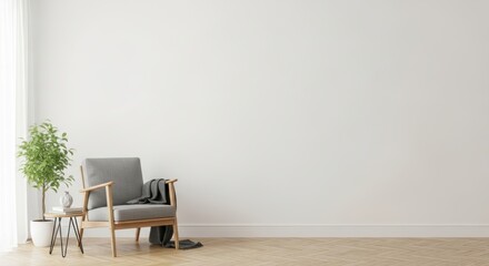 Minimalist living space with wooden chair and green plant in bright room