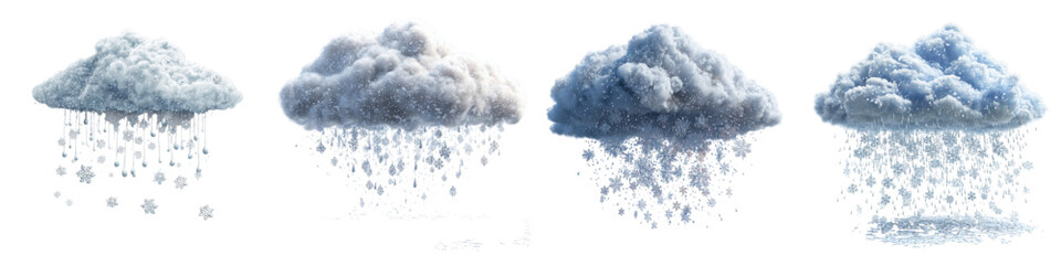 Fototapeta premium Detailed snow cloud set with falling snowflakes, perfect for winter designs or weather forecasts, adding a touch of seasonal magic to your creative projects