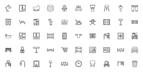 Furniture icon set. Minimal vector icons pack. Inclues table, chair, sofa, bed wardrobe, desk, lamp, cabnet, mirror and more. Editble stroke.