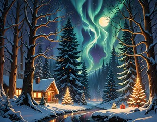 Magical winter night with northern lights over snowy forest cabin and decorated Christmas trees by frozen river