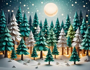 Paper art winter forest with origami pine trees under glowing full moon and falling snow