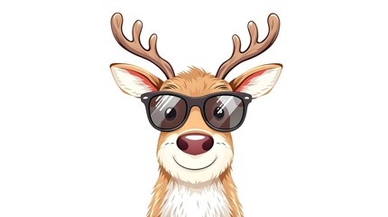 Cool cartoon Christmas reindeer wearing sunglasses isolated on white background