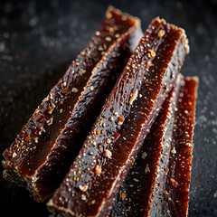 Dark cured biltong stacked with spices on a black surface