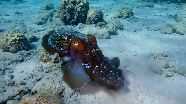 Underwater view of a cuttlefish with intricate patterns and colors, near coral on a sandy seafloor
