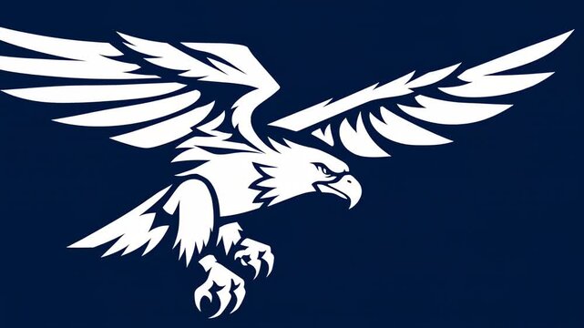 A bold, white eagle silhouette with outstretched wings against a navy blue background