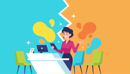 Professional woman compares choices at a desk holding a tablet Customer service or business decision concept