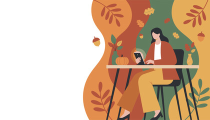 Remote working woman using tablet at a desk with autumnal decor Flat design