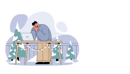 Tired man asleep at laptop working remotely during the winter holiday season feeling burnout