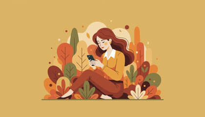 Woman relaxing in nature using a mobile phone Digital life and autumn leisure concept