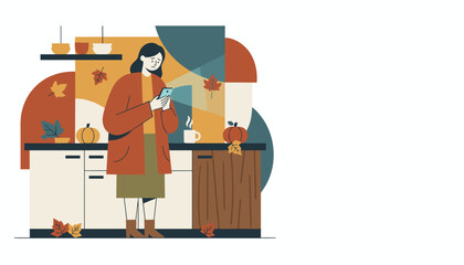 Sad woman checking phone in autumn kitchen Concept of digital anxiety and seasonal blues