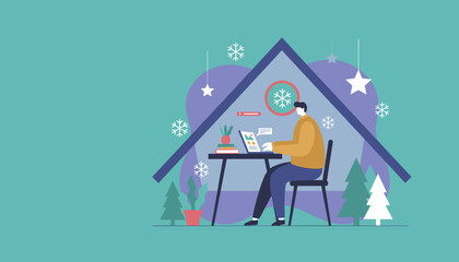 Working from home during winter Cozy remote office setup illustration with snow
