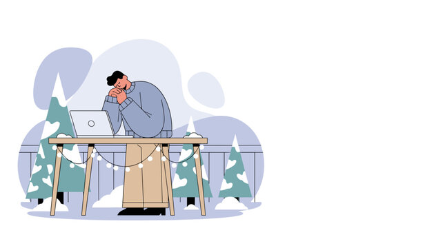 Tired man asleep at laptop working remotely during the winter holiday season feeling burnout