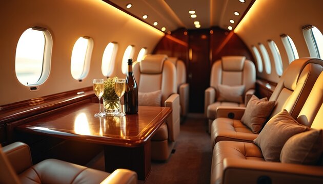 Private jet interior with leather seats. Champagne bottle, glasses on wood table. Luxury first class flight for wealthy people. Exclusive travel on corporate aircraft. Romantic journey business trip