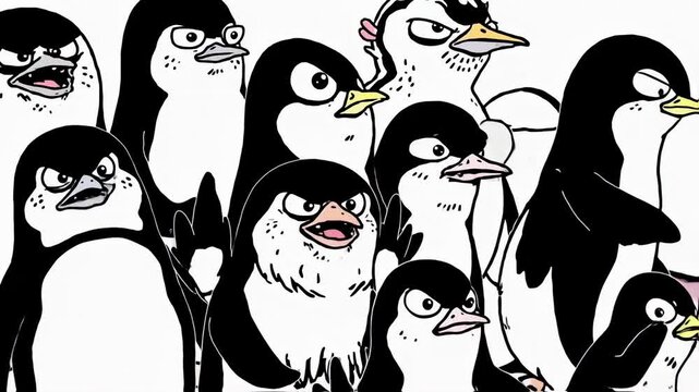 Comic-style illustration of various cartoon penguins expressing angry, frustrated, or determined expressions
