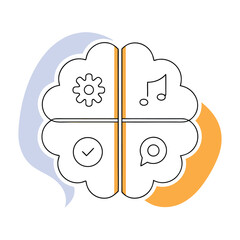 Diverse brain functions visualized with icons representing logic, creativity, action, and communication