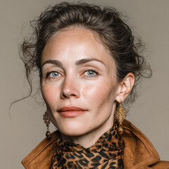 AI-generated realistic portrait of a confident woman in a minimalist outfit with natural makeup, elegant look, and soft lighting, fashion and beauty photography style.