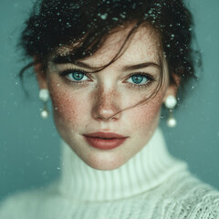 High-fashion portrait of a young woman wearing a white turtleneck sweater, glowing skin, and expressive blue eyes, in a soft winter light.