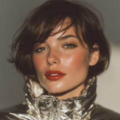 Studio portrait of a fashionable woman in a metallic silver jacket, glowing skin, and bold expression, futuristic beauty concept.
