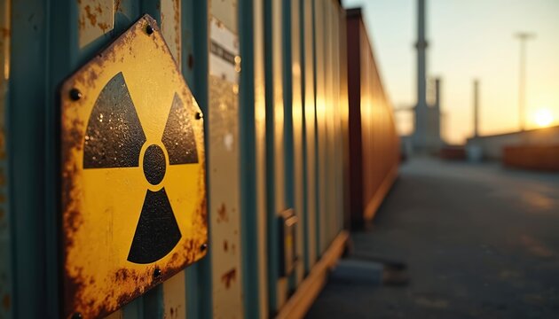 Radioactive hazard sign attached to a container at an industrial site. The yellow warning symbol indicates nuclear material presence. Photo shows risk danger storage safety and environmental concerns.