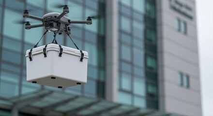 high-tech drone delivering medical supplies to hospital on overcast day