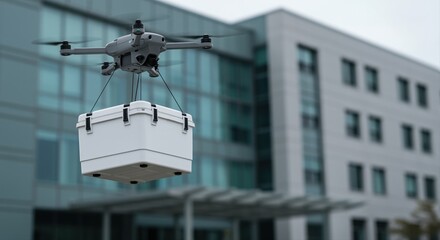 delivery drone carrying package outside modern office building on a cloudy day