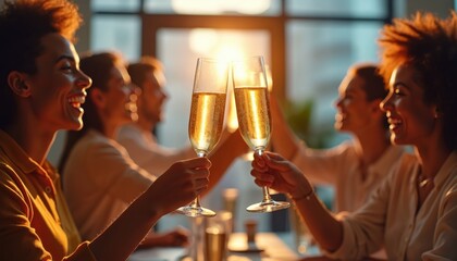 Happy business team celebrates success with champagne glasses in modern office. Colleagues smile, toast achievement at corporate party during sunset. Diverse group of coworkers clinks flutes