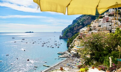 View of Positano Italy waterfront from an upper terrace of the town