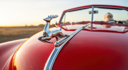 Reindeer emblem on the hood of a vintage red car with Santa Claus driving at sunset