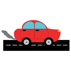 Red car isolated on white background. Cute Red Car Emitting Smoke on Road. Vector Illustration.
