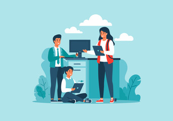 A creative team of professionals collaborating on a digital project in a modern office environment. People working together on computers