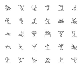 Sports icon set. Vector illustration. Includes symbos for jet ski, bungee jumpng, skateboard, boxing, fotball, surfing, swimming, kydiving, gymnastics, archry and more. Editable stroe.