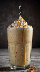 vanilla milkshake topped with caramel drizzle in glass