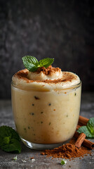 vanilla pudding dessert with mint and cinnamon spices